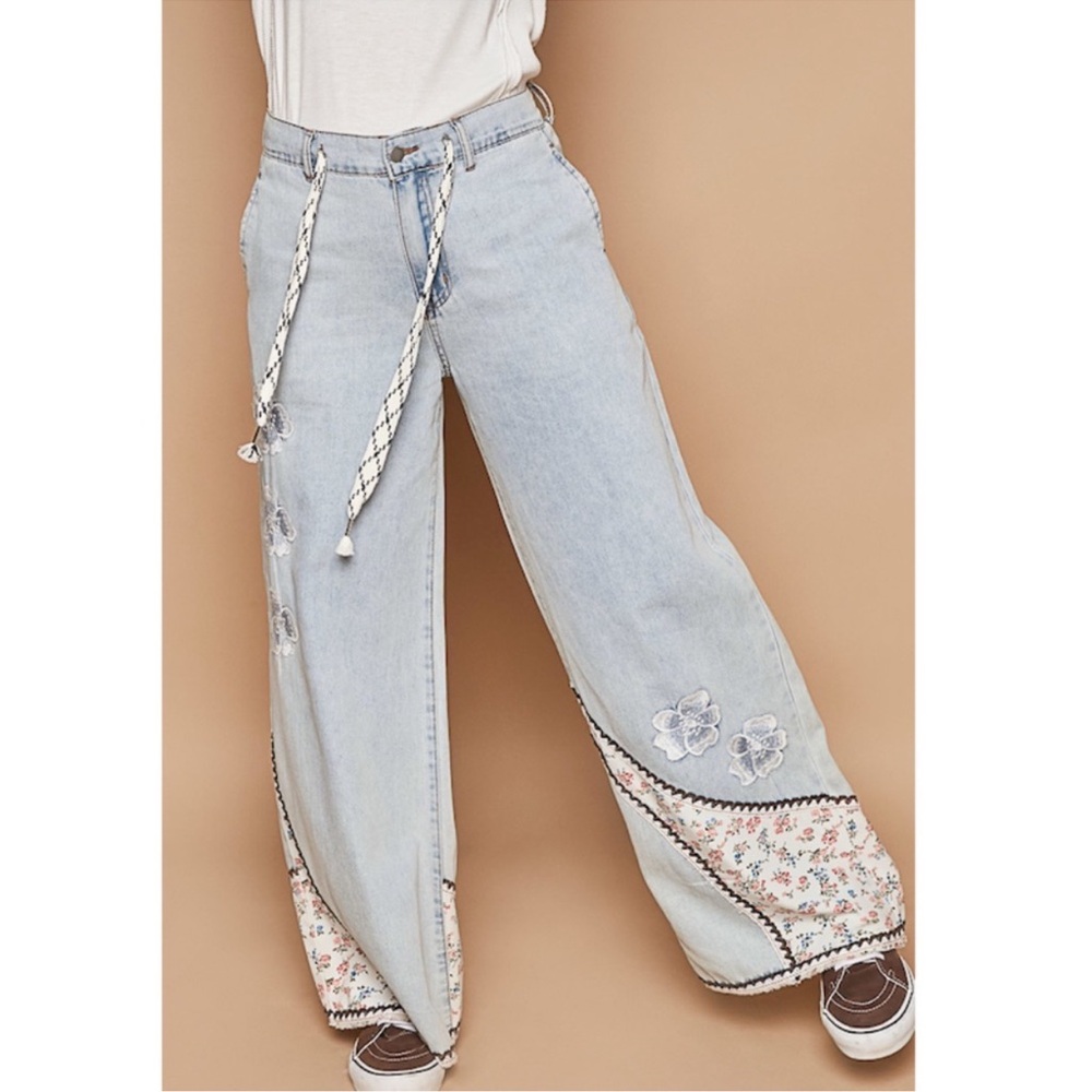 POL Light Blue Floral Embroidered Wide Leg Jeans